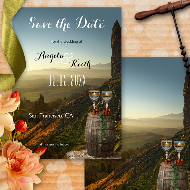 Moderne Weinkarte oder Weinthemenkarte Save the Da Date (Save the Date card featuring two wine glasses with grapes on a barrel with a stunning landscape view)