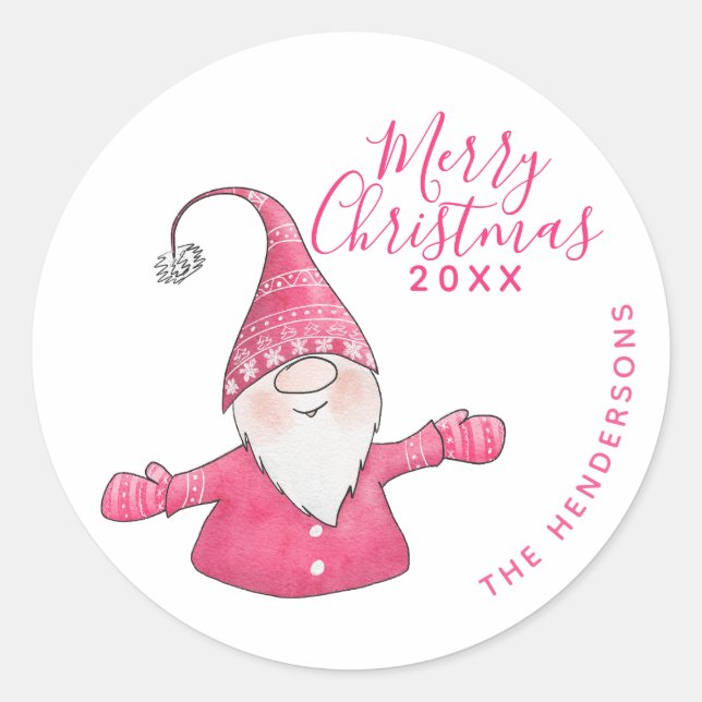Moderne Weiß und Rosa Gnome Custom Frohe Weihnacht Runder Aufkleber (Vorderseite)