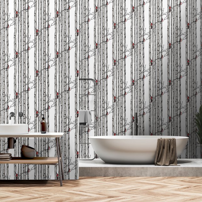 Moderne Weiße Birkenbäume und Vögel des Roten Kard Tapete (Badezimmer)