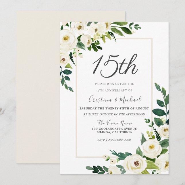 Moderne weiße Blume 15. Hochzeitstag Einladung (Vorne/Hinten)
