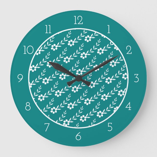 Moderne, weiße Blume und aquamarine blaue Grenze Große Wanduhr (Vorderseite)