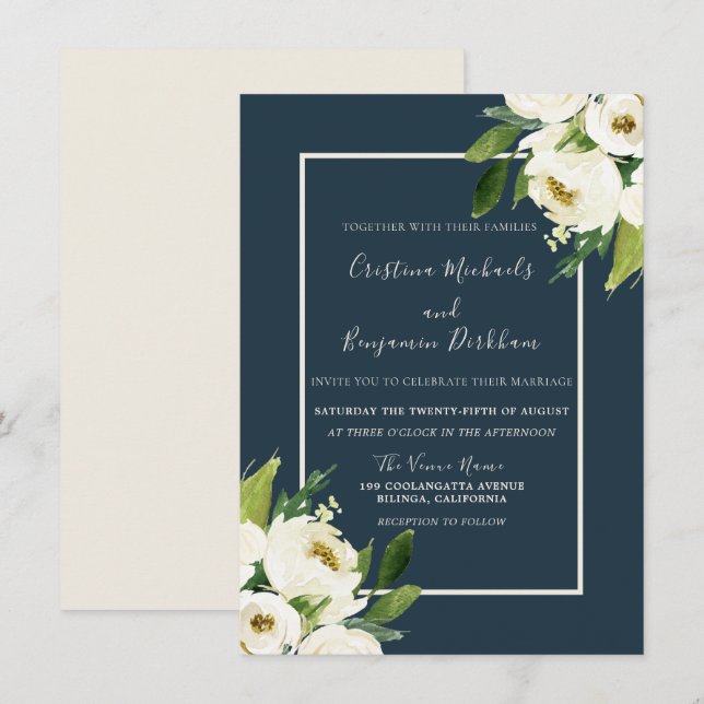 Moderne weiße Blumen Elegante Grüne Hochzeit Einladung (Vorne/Hinten)