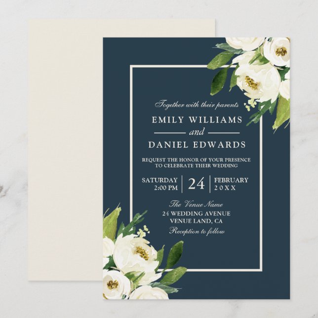 Moderne weiße Blumen Elegante Grüne Hochzeit Einladung (Vorne/Hinten)