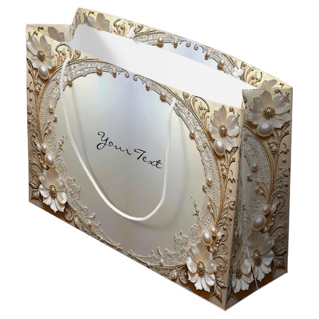 Moderne weiße Blumen Perlen Geschenktasche Große Geschenktüte (Rückseite Schrägansicht)