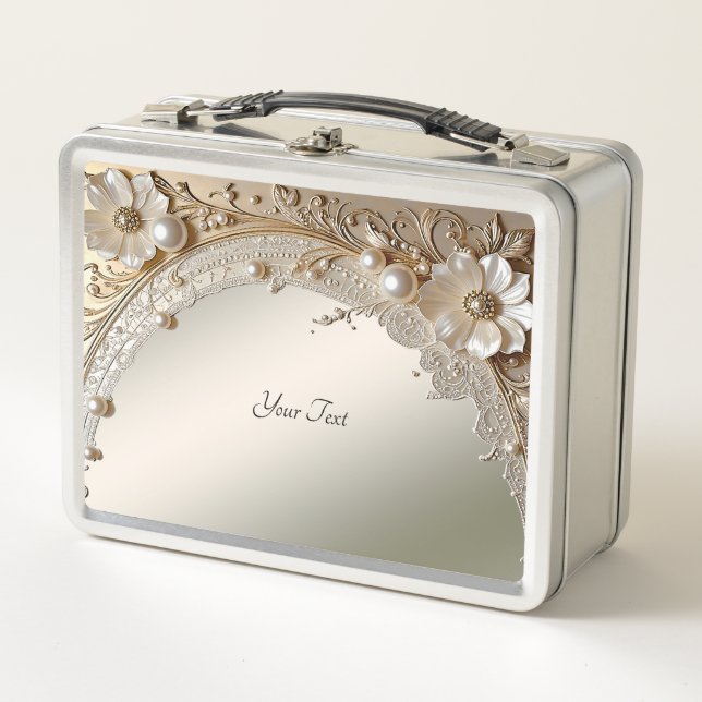 Moderne weiße Blumen Perlen Lunchbox (Vorderseite)