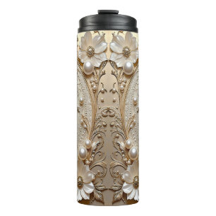 Moderne weiße Blumen Perlen Thermotumbler Thermosbecher