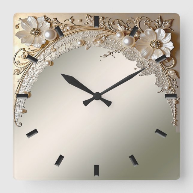 Moderne weiße Blumen Perlen Wanduhr (Vorderseite)