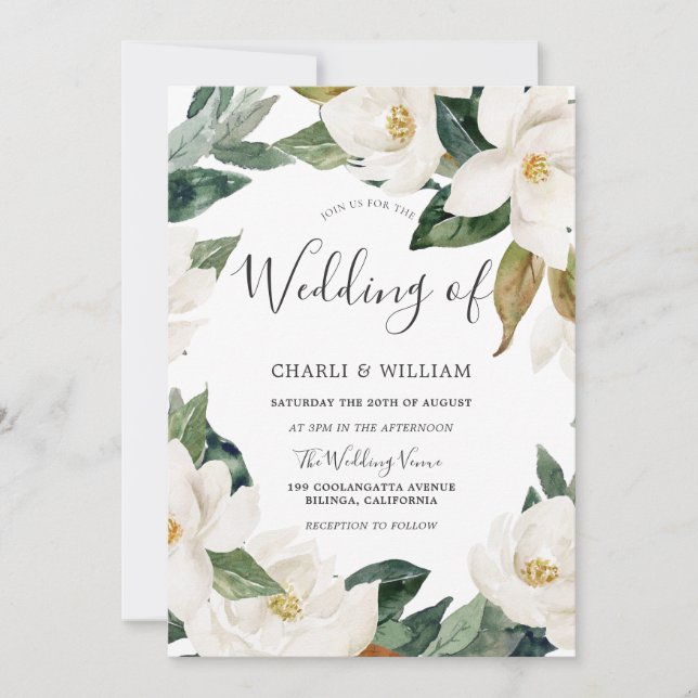 Moderne weiße Blütenleaf Krautgrün Hochzeit Einladung (Vorderseite)
