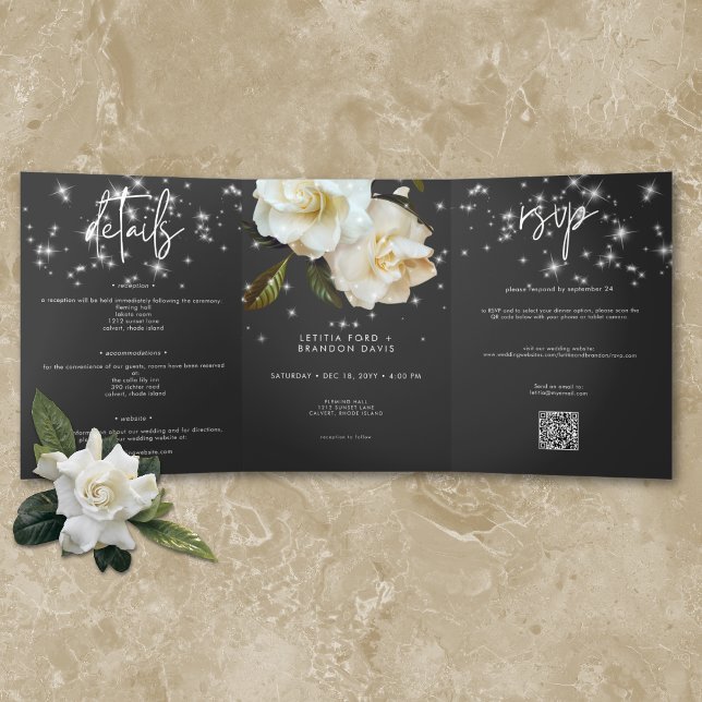Moderne weiße Gärten auf Black Sparkle Wedding Dreifach Gefaltete Einladung (Modern White Gardenias on Black Sparkle Wedding Tri-Fold Invitation)