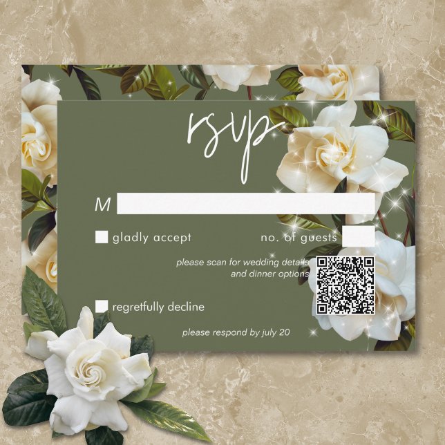 Moderne weiße Gärten auf Sage Sparkle QR Code RSVP Karte (Modern White Gardenias on Sage Sparkle QR Code RSVP Card)