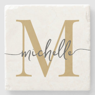 Moderne Weiße Gold-Monogramm-Name Elegante Schrift Steinuntersetzer