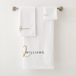 Moderne weiße Goldschrift-Monogramm Badhandtuch Set