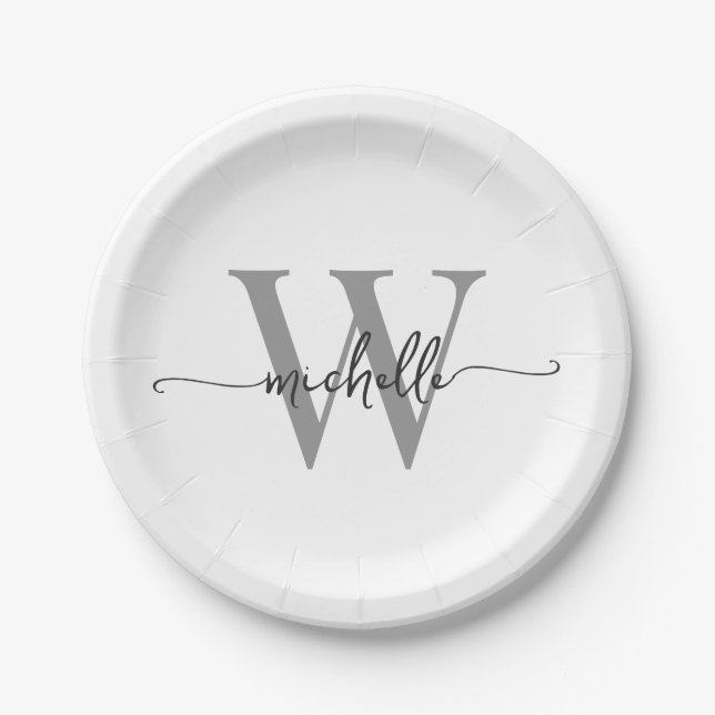 Moderne weiße graue benutzerdefinierte Monogramm-N Pappteller (Vorderseite)