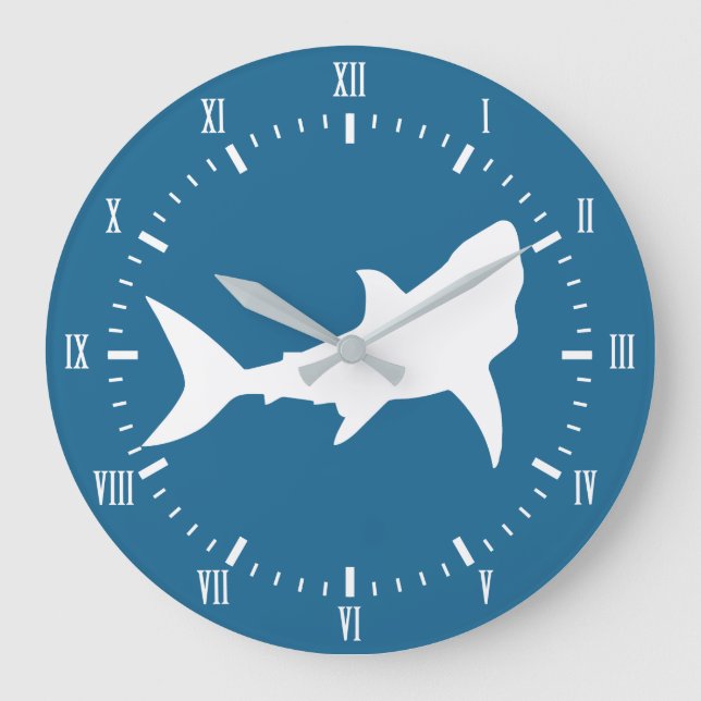 Moderne Weiße Haie Silhouette & Blau Große Wanduhr (Vorderseite)