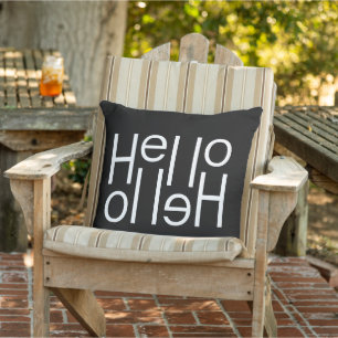 Moderne weiße Hello Welcome Wortkunst auf Schwarz Kissen