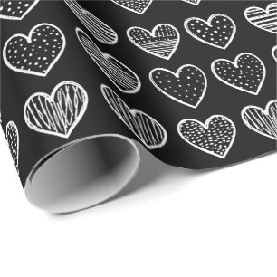 Moderne weiße Herzen auf schwarzem Happy Valentins Geschenkpapier