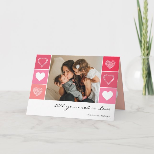 Moderne weiße Herzen Rot-Rosa Foto Valentine Karte (Vorderseite)