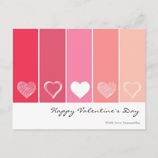 Moderne weiße Herzen Rot und Rosa Streifen Valenti Postkarte (Vorderseite)