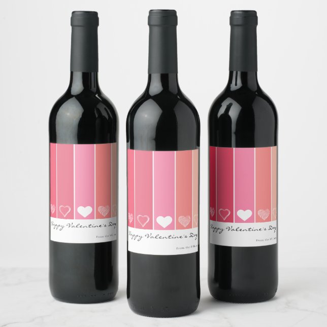 Moderne weiße Herzen Rot und Rosa Streifen Valenti Weinetikett (Flaschen)