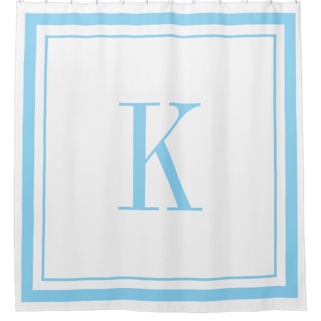 Moderne weiße & himmelblaue Monogramm  Duschvorhang (Vorderseite)