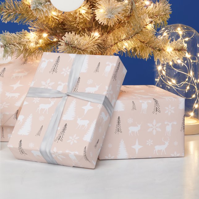 Moderne weiße Hirschwaldmuster Geschenkpapier (Feiertage)