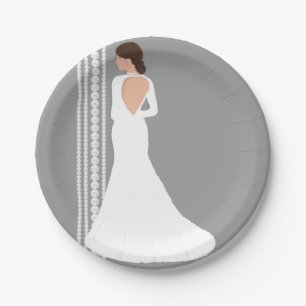 Moderne weiße Hochzeitskleid & Perlen Brautparty Pappteller