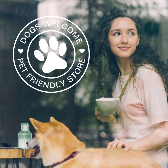 Moderne weiße Hunde Willkommen Haustier Friendly S Fensteraufkleber (Modern, minimalist "Dogs Welcome - Pet Friendly Store" window cling. Window decal for pet lovers.)