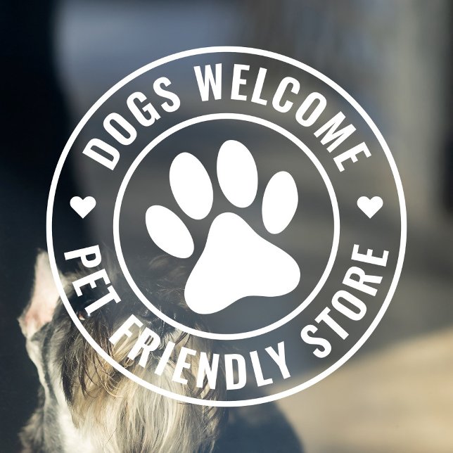 Moderne weiße Hunde Willkommen Haustier Friendly S Fensteraufkleber (Modern, minimalist round window cling for dog-loving shop owners in white with pet paw logo.)
