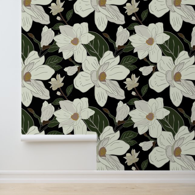 Moderne weiße Magnolia-Flora auf schwarz Tapete (Anwendung)