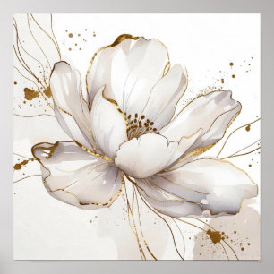 Moderne weiße Magnolie Gold Linien Kunst Blumenhoc Poster