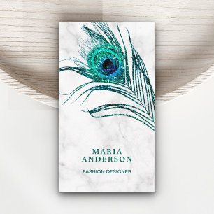 Moderne weiße Marmor-Teal-Pfauenfeder Visitenkarte