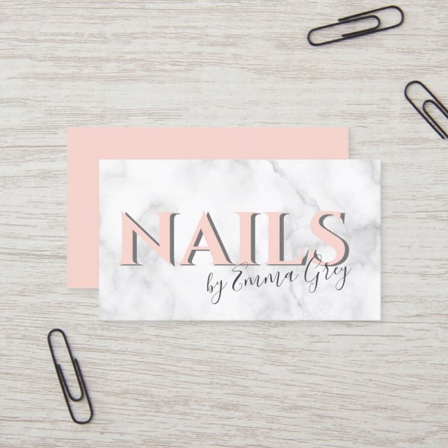 Moderne, weiße Marmor- und rosa Typografie-Nägel Visitenkarte (Vorderseite/Rückseite Beispiel)