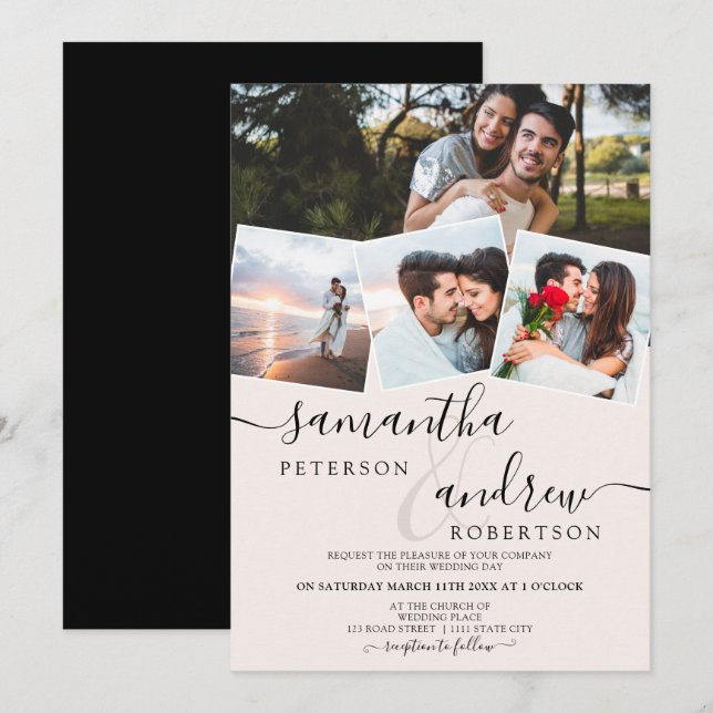 Moderne weiße Minimalschrift 4 Fotos Hochzeit Einladung (Vorne/Hinten)