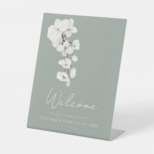 Moderne weiße Orchideen Hochzeitsmarke Sockelschild (Vorderseite)