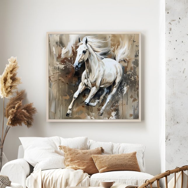 Moderne Weiße Pferde Malerei ästhetische Wand Kuns Poster (Modern White Horse Painting Aesthetic Wall Art in a neutral boho living room.)
