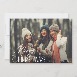moderne weiße Schrift frohe Weihnachtsfotokarte Feiertagskarte