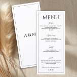 Moderne weiße schwarze minimalistische Hochzeit Menükarte<br><div class="desc">Moderne und einfache Hochzeitsmenükarte in Schwarz und Weiß. Sauberes und leicht lesbares Design, das zu einem minimalistischen modernen Hochzeitsthema passt. Enthält eine Kursbeschreibung - Informationen zu Vorspeise, Hauptgericht, Dessert und Getränken, die leicht zu bearbeiten und zu personalisieren sind.</div>