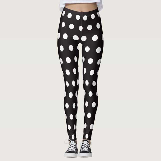Moderne weiße Tupfen auf Schwarzem, Stellenmuster Leggings (Vorderseite)