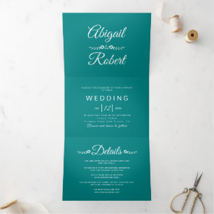 Moderne weiße Typografie aquamarin-blaue Hochzeit  Dreifach Gefaltete Einladung
