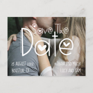 Moderne weiße Typografie Ihr Foto Save the Date Ankündigungspostkarte