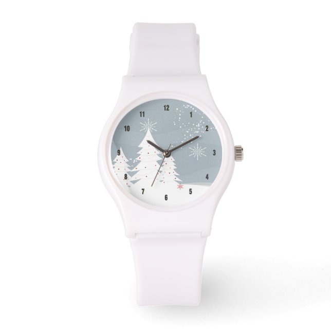 Moderne weiße und blau-graue Weihnachtsbaumen Armbanduhr (Vorderseite)