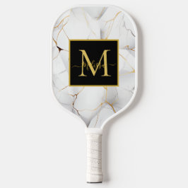 Moderne weiße und goldene marmorierte Monogramm-Na Pickleball Schläger
