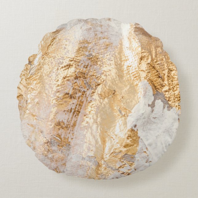 Moderne, weiße und goldfarbene Grundfarbe Tex Rundes Kissen (Vorderseite)
