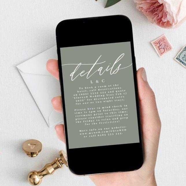 Moderne, weiße und sattelgrüne digitale Details Einladung (click the instant download option)