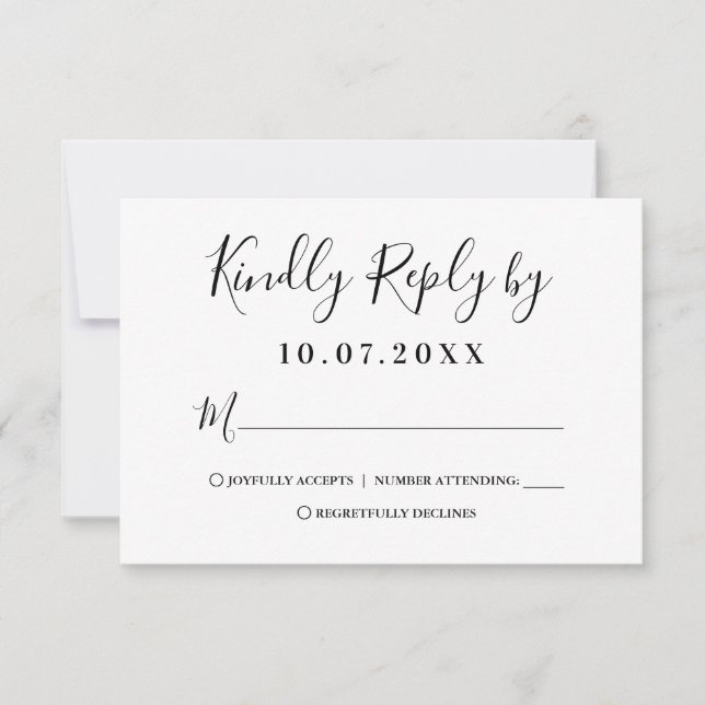 Moderne weiße und schwarze Script-Antwortkarte RSVP Karte (Vorderseite)