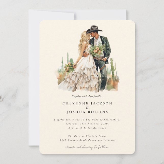 Moderne Western Boho Couple Wüstenhochzeit Einladung (Vorderseite)