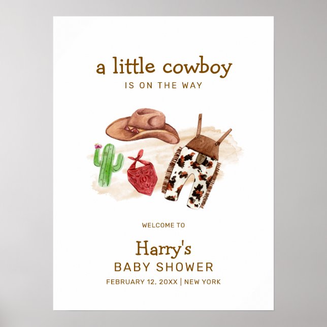 Moderne Western Cactus Cowboy Baby Dusche Willkomm Poster (Vorne)