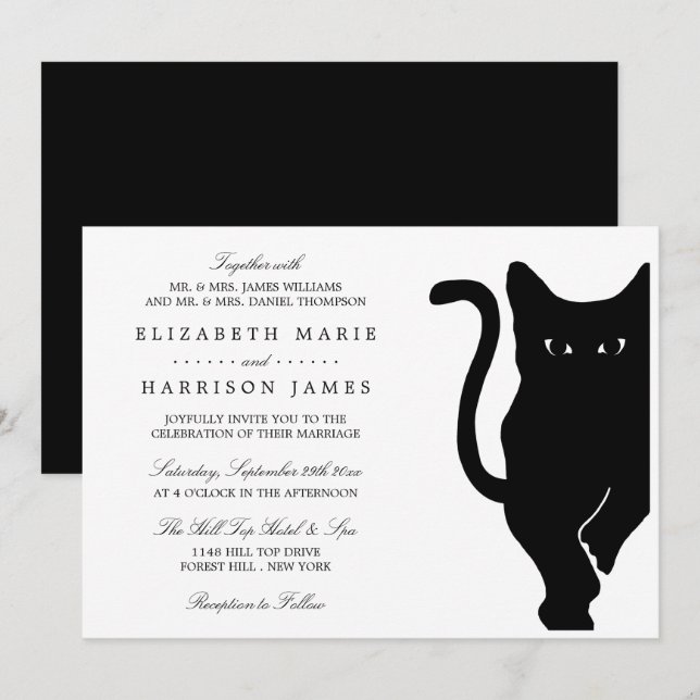 Moderne whimsical Black Cat Wedding Einladung (Vorne/Hinten)