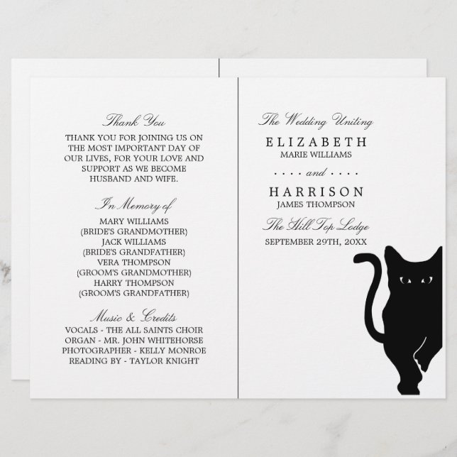 Moderne whimsical Black Cat Wedding Programme (Vorne/Hinten)