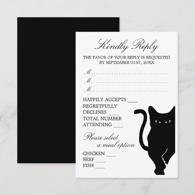 Moderne whimsical Black Cat Wedding RSVP Karte (Vorne/Hinten)
